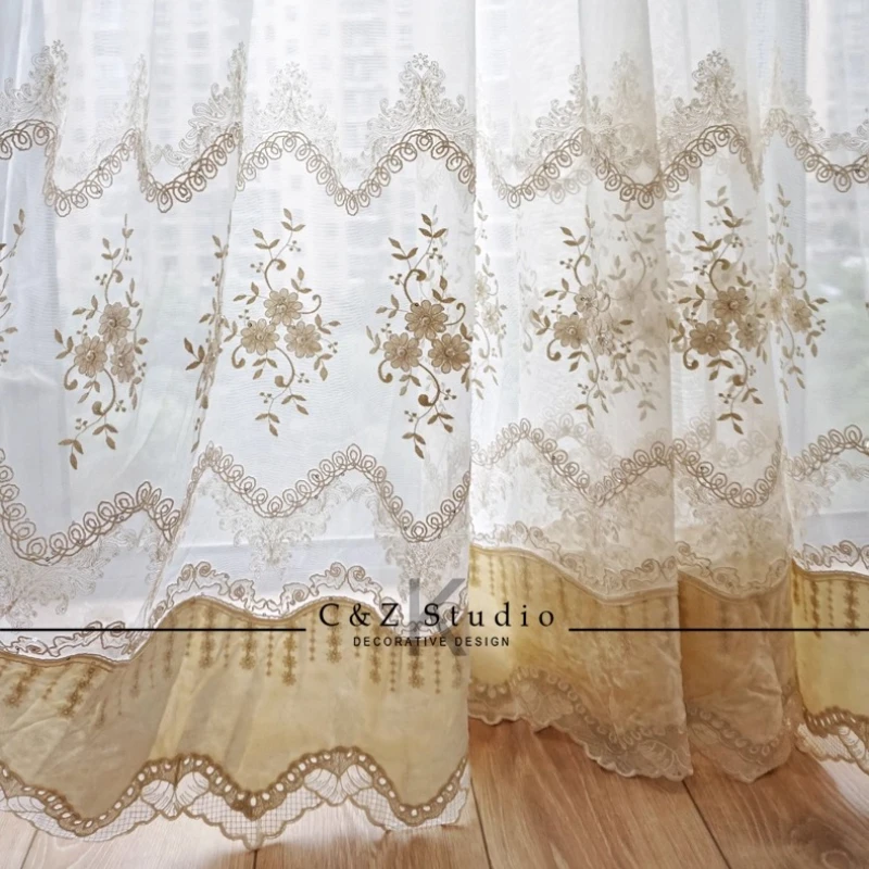 

French Embroidered Tulle Luxury Off-white Flocking Nails Pearl Custom Bedroom Villa Bay Wedding Decoration Curtain