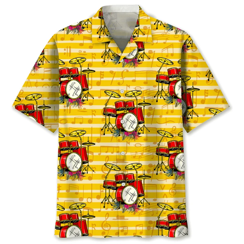 

3D Print Instrument Drum Pattern Hawaiian Shirt For Men Fashion Aloha Shirts Summer Short Sleeve Tops Hip Hop Street Casual Tops