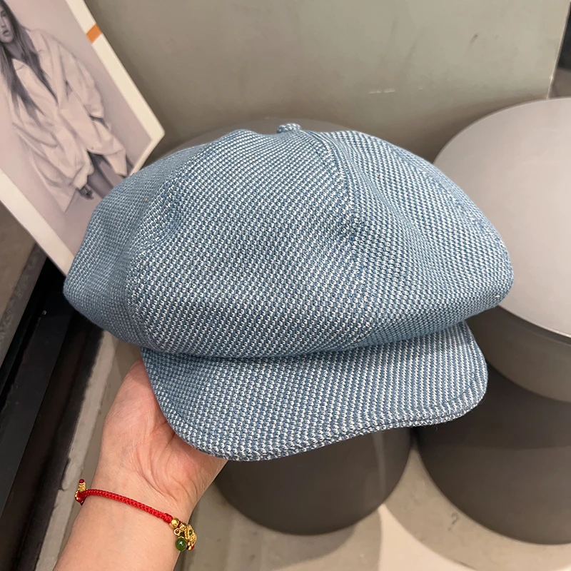 Oversized Blue Short-brimmed Octagonal Hats for Women Spring and Summer Retro British Style Literary and Versatile Cloud Berets