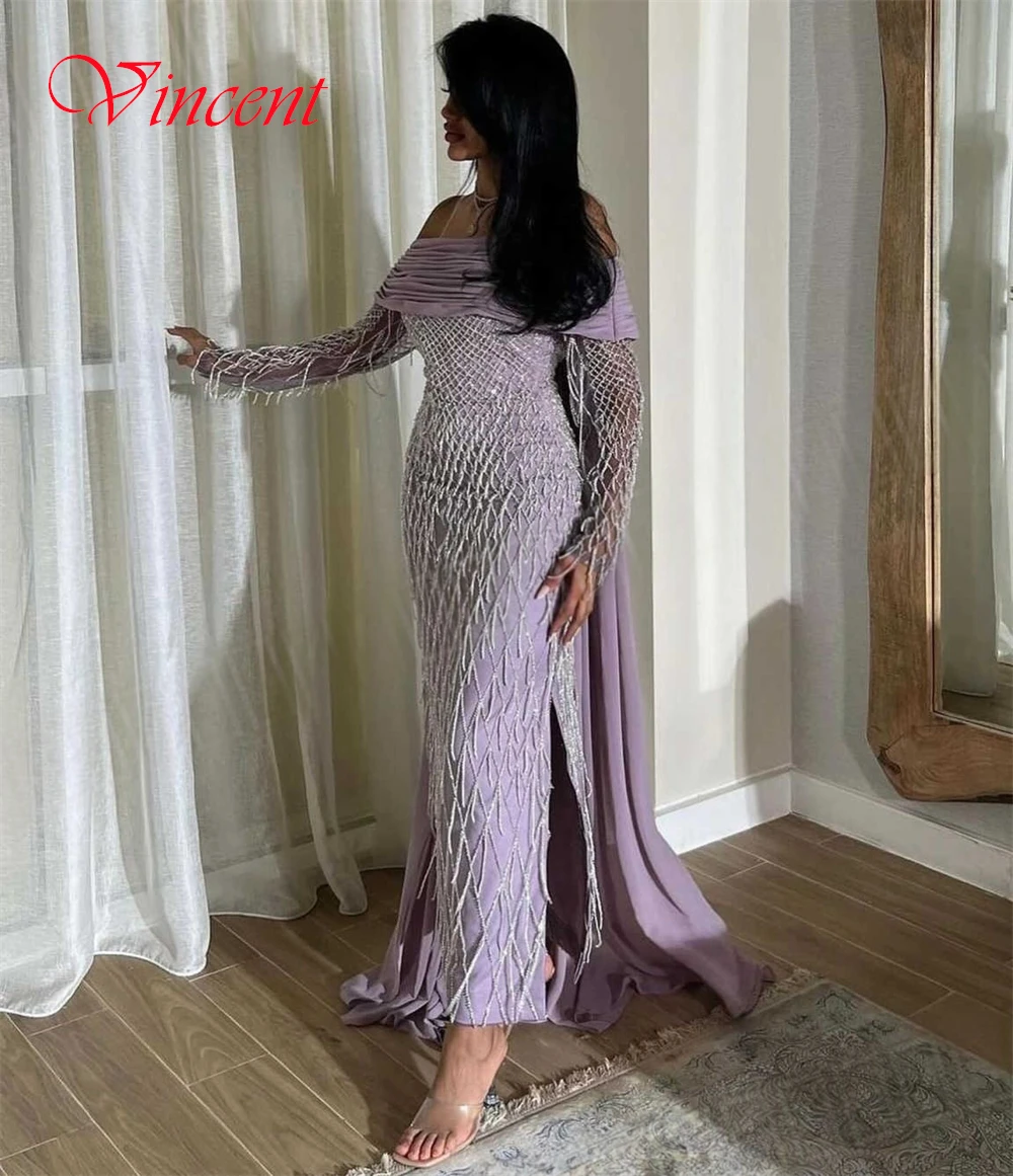Customized Graceful Purple Jersey Evening Dress Formal Boat Neck Long Sleeves Celebrity Gowns Delicate Tassel Beading Prom Dress