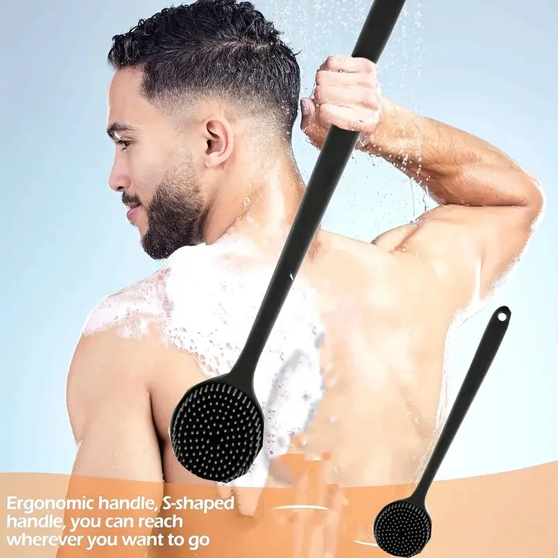 Long Handle Silicone Bath Brush with Soft Bristles - Ergonomic Back Scrubber for Exfoliating & Spa Massaging Bath Accessories