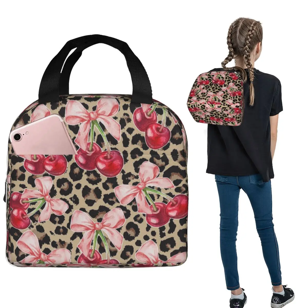 Cherry Insulated Lunch Bag for Women Kids Portable Food Boxes Thermal Lunch Box Tote