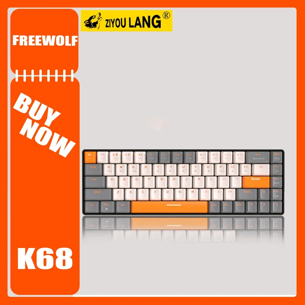 Freewolf K68 Mechanical Keyboard Dual Mode Wireless Bluetooth Hot Swap Gaming Keyboard Ergonomic Type-C 68key PC Gamer Gift