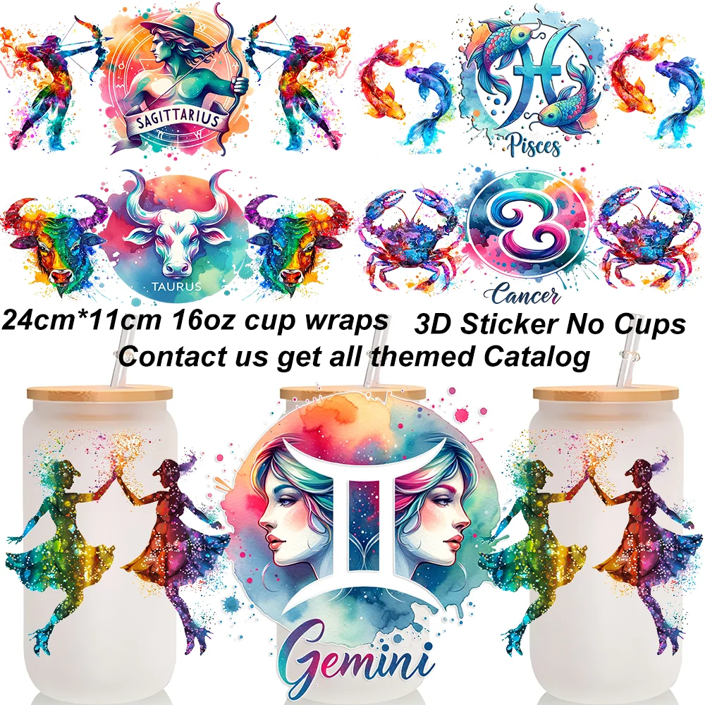 12 Zodiac Signs Themed Designs 16oz Cup UV DTF Wrap Self-Adhesive 3D Transfer Sticker Decals Leo Gemini Pattern Cup Wraps