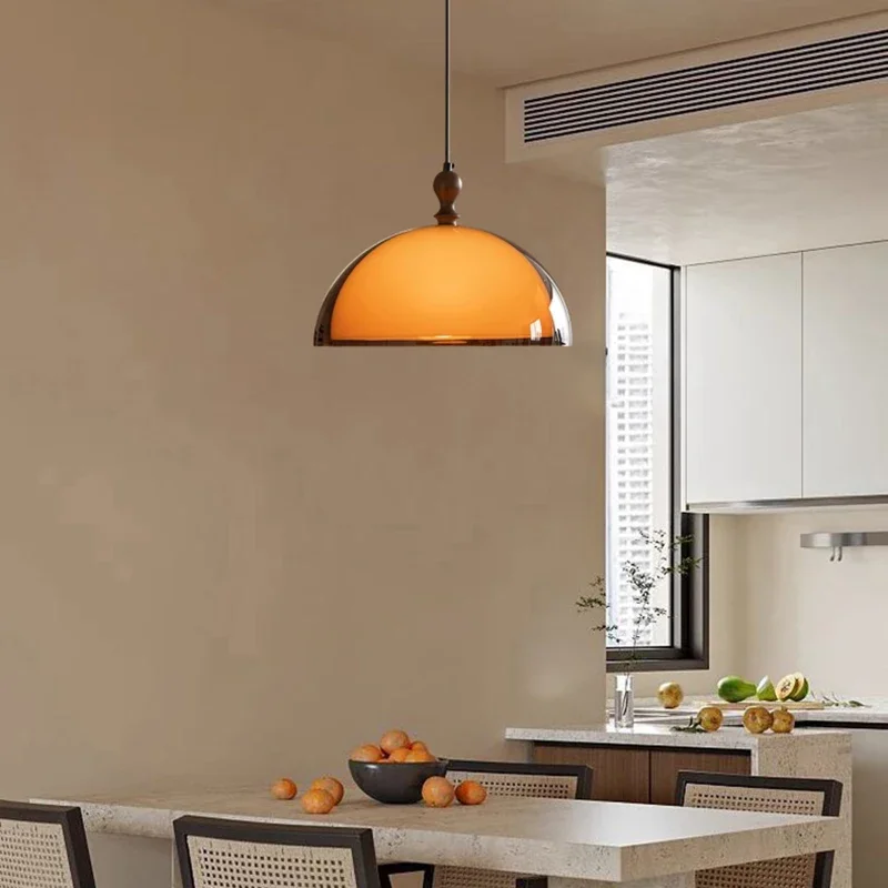 French Retro Brown Acrylic Dining Room Pendant Light with Walnut Wood for Restaurant Bar Bedroom Wire Adjustable Hanging Lamp