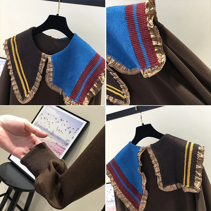 Kołnierz piotruś Pan kontrast kolorowy Patchwork z kapturem z długim rękawem luźne swetry w stylu Casual kobiety ubrania Vintage Pull Femme bluzy