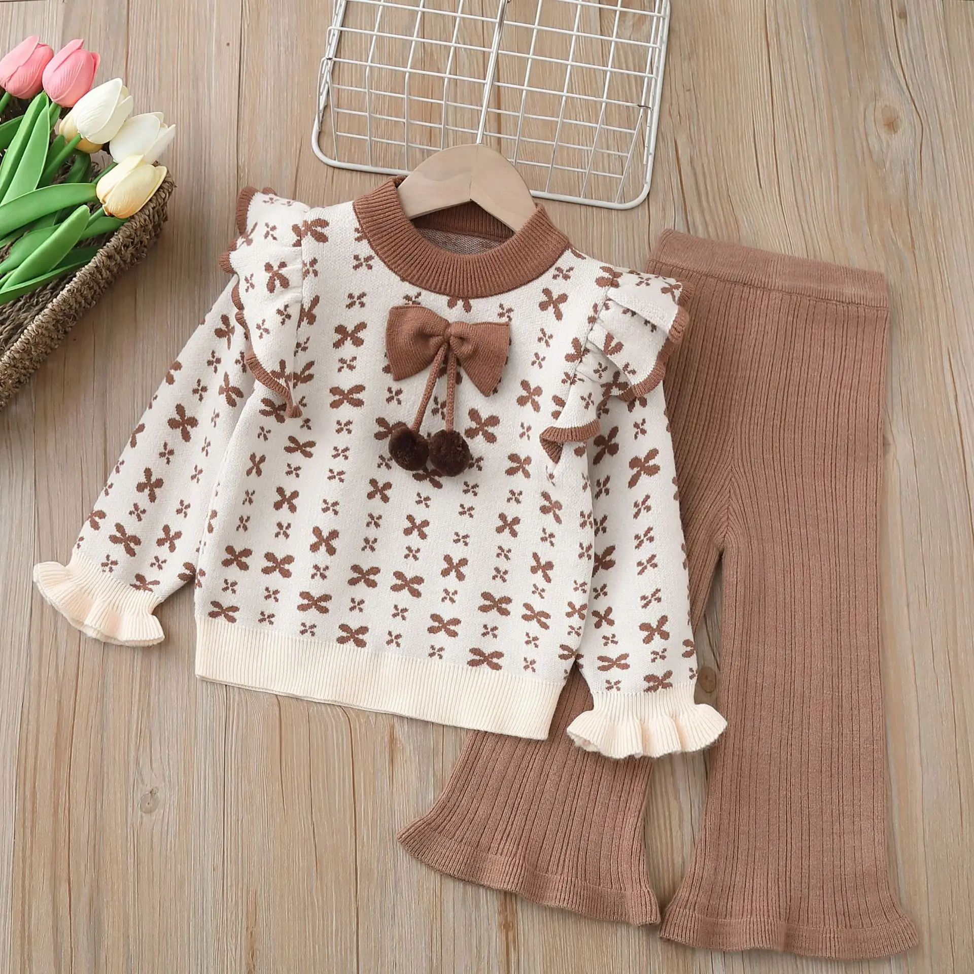 

autumn 2-9 baby girls clothes set Bowknot sweater+Bell-bottoms two-piece set Autumn/Winter 2023 girl round neck knitting outfits