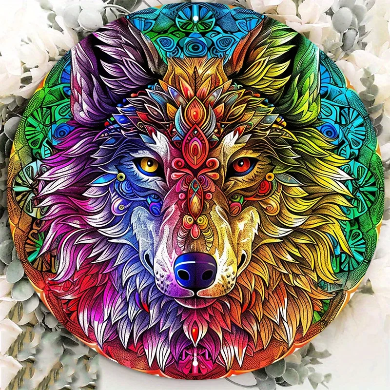 Colorful Wolf Design Aluminum Sign, UV and Scratch Resistant, Easy-Hang, Outdoor and Indoor Decor, Wall Poster, 8x8 in, 1PC