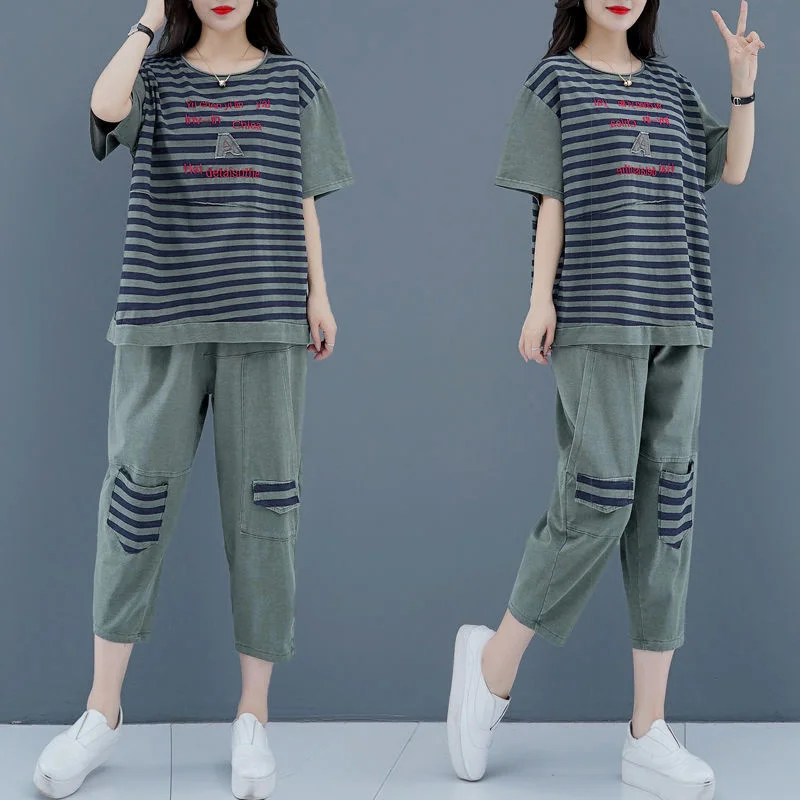 Women Splicing Sportswear Sets Summer 2022 New Short-Sleeved Female Embroidered Casual Clothes Loose And Thin Two-Piece Women\'s