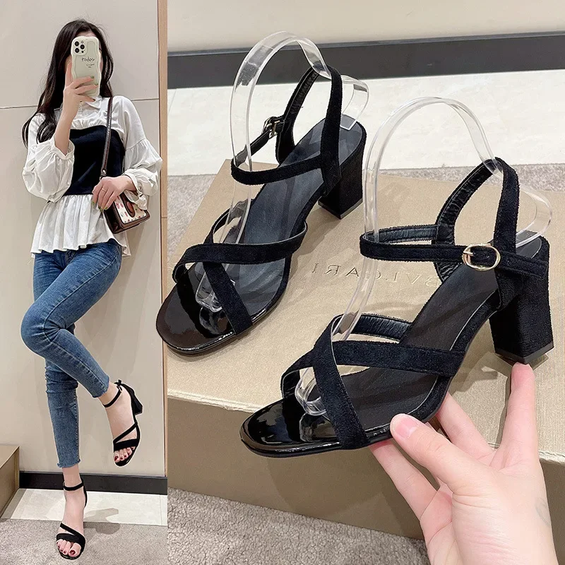 Thick Heeled Sandals for Women High Heels Shoes Woman 2024 Trend Round Toe Designer Black Heel Summer Shoe Sandles Dresses