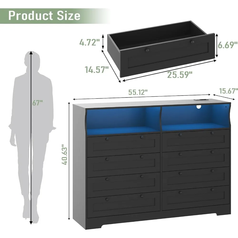 Dresser with 8 Drawers, Wood Bedroom Dresser with Charging Station & LED Lights, Modern Dressers & Chest of Drawers