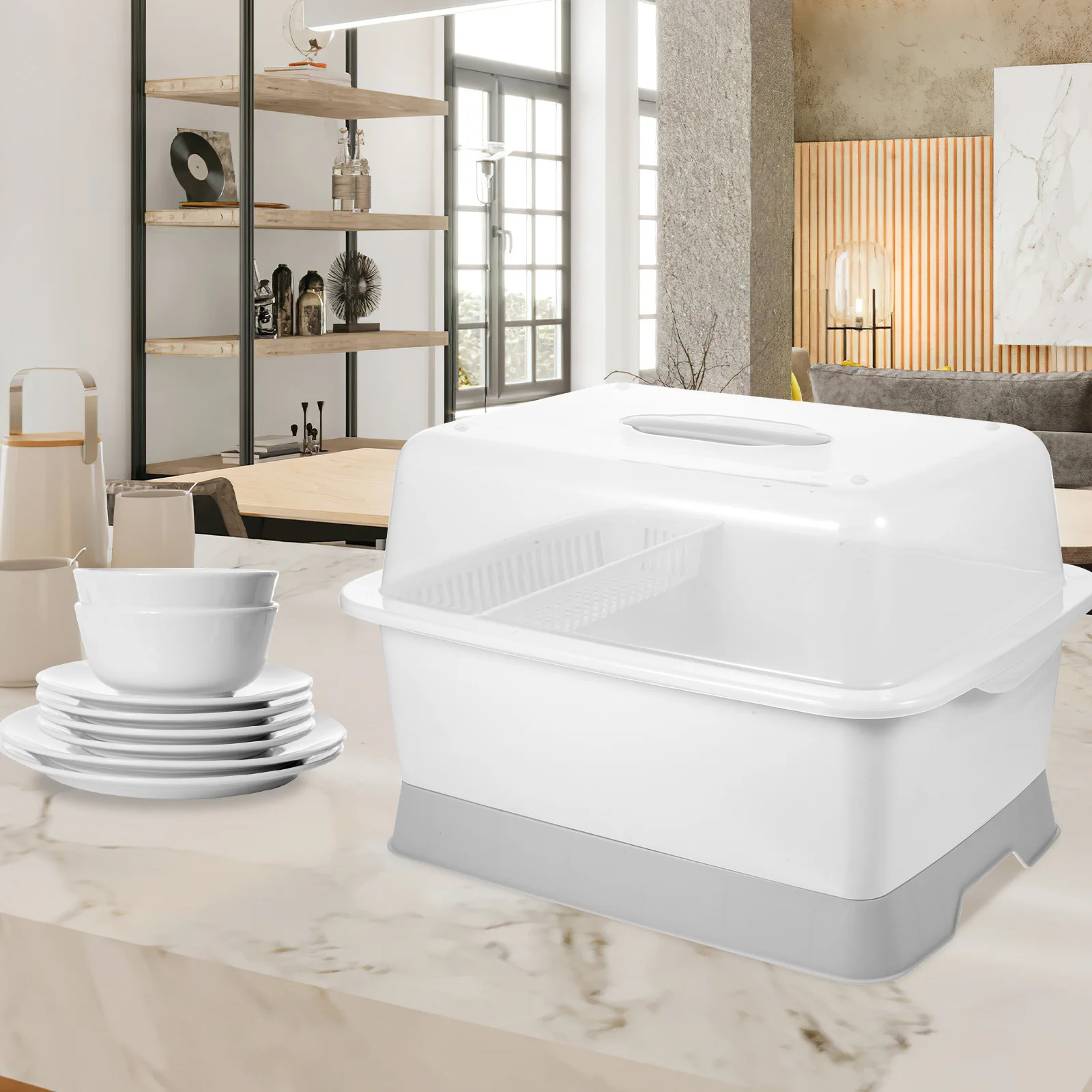 

Plastic Dish Drainer Rack Kitchen Utensil Holder with Transparent Cover Drain Tray Dish Drying Rack Tableware Organizer Kitchen