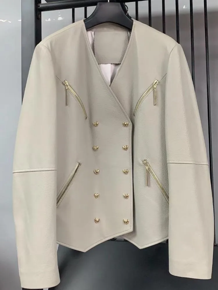 Büro Weibliche Zipper Tasche Echtes Leder Kurze Jacke Zweireiher V-ausschnitt Einfarbig Lange Ärmel Schaffell Mäntel