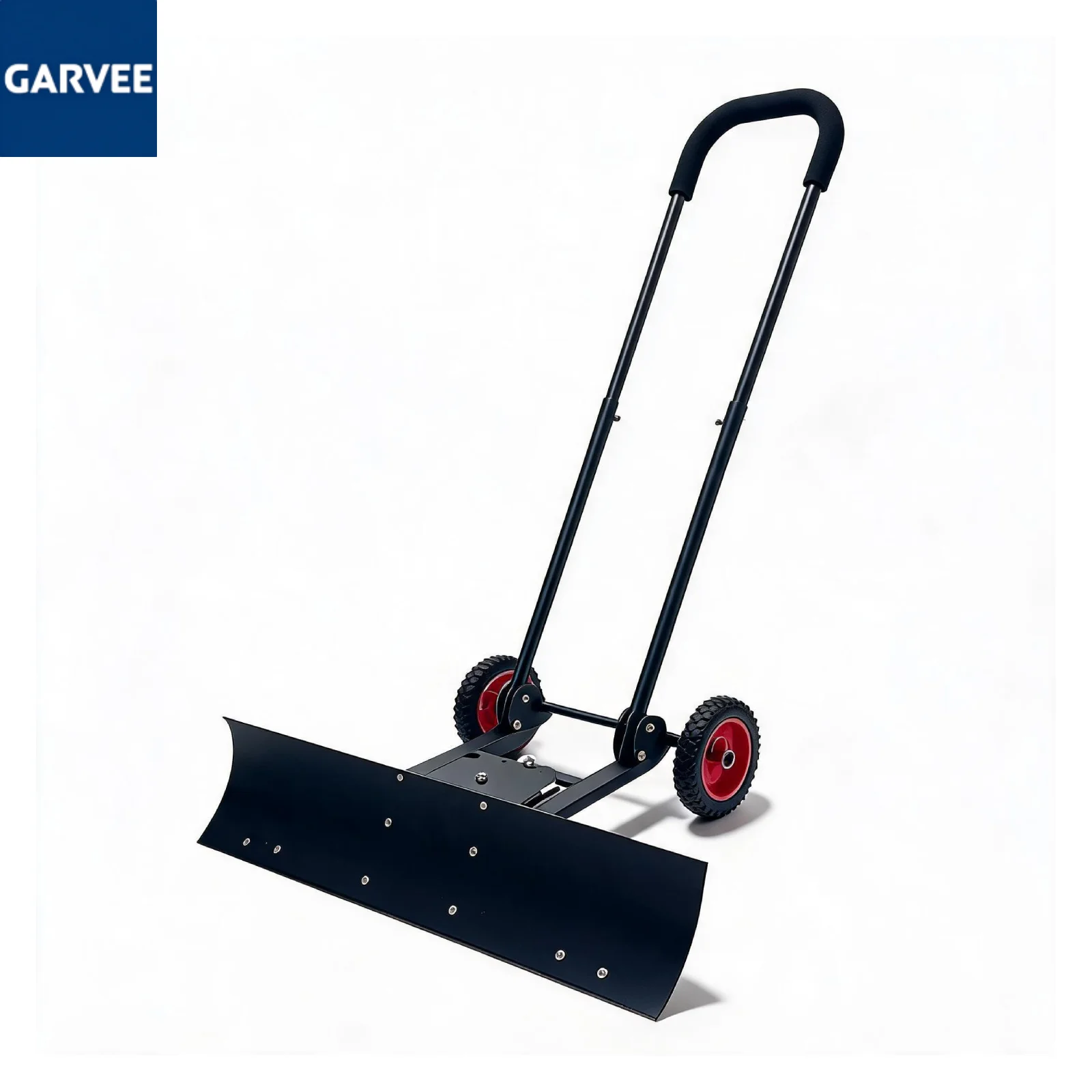 Heavy Duty Snow Pusher with Wheels, U-Shaped Steel 2-Wheel Hand Plow Shovel for Driveways, 48x10.5 Inch Blade, 7 Inch PVC Tires, Black/Red