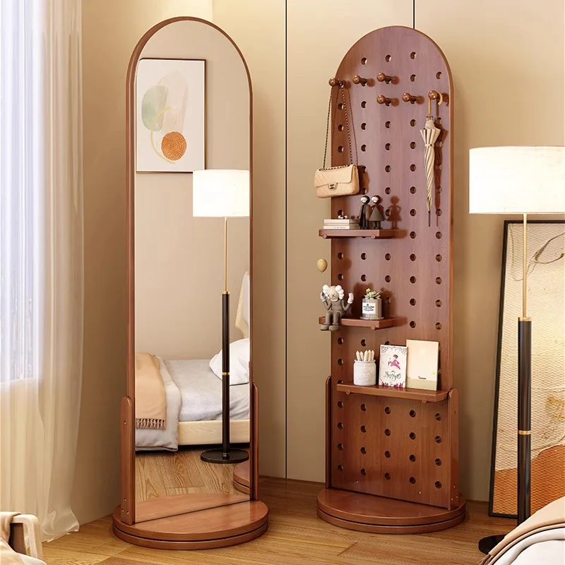 Solid Wood Floor Standing Mirror with Rotatable Storage Hole Board and Movable Coat Rack, Suitable for Home Bedroom Furniture