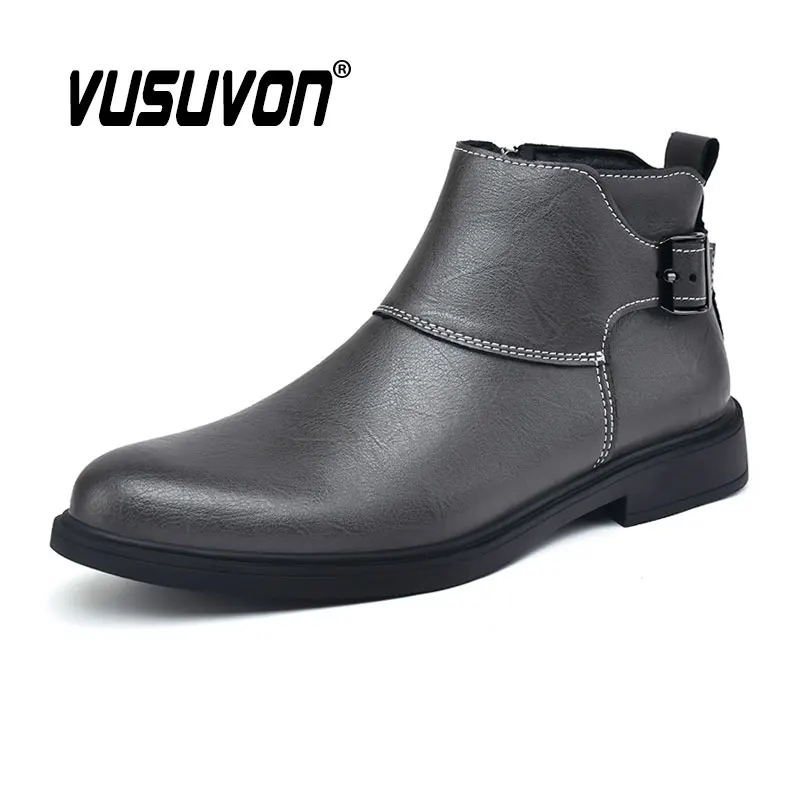 Fashion Men Boots Cow Leather & Fur Plush Winter Warm Black Casual Shoes Party Street Boys Big Size 37-48