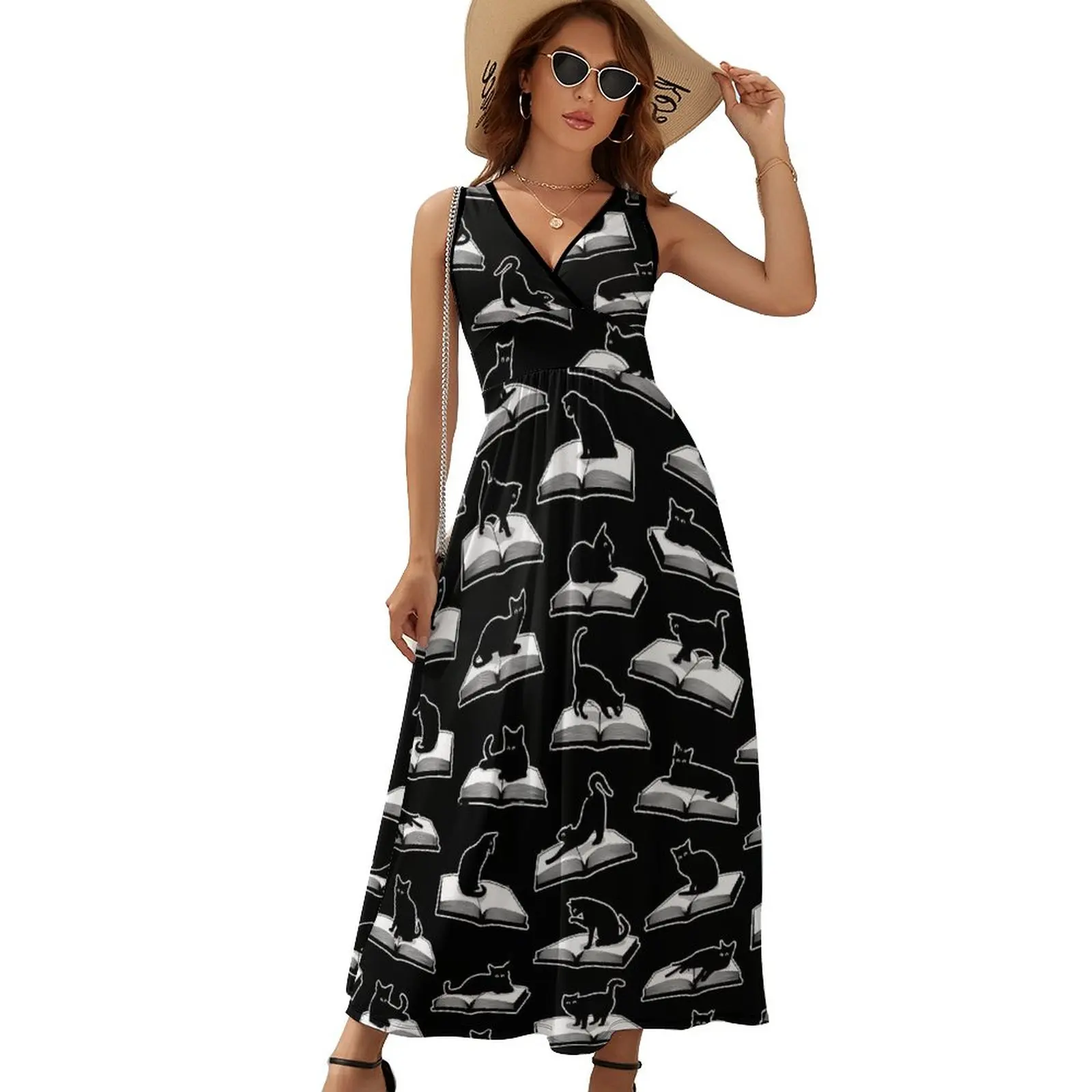 Library Cats Dress Books Print Vintage Maxi Dress Street Style Bohemia Long Dresses High Waist Custom Oversized Vestidos