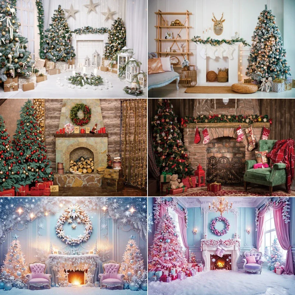 

MOON.QG Christmas Tree Fireplace Backdrop Photography Studio Background Balls Wreath 2025 New Year Decoration Photo Back Drop