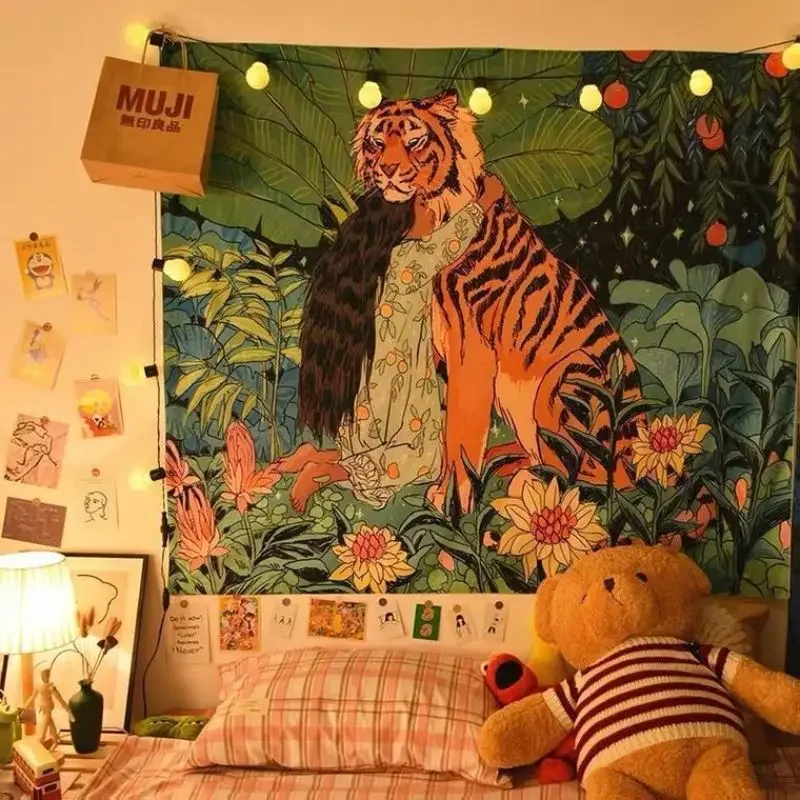 VIKAMA Illustrated Maiden Embracing Big Cat Jungle Bohemian Art Tapestry Boho Wall Decor Home Accent Elegant Soft Durable Cozy