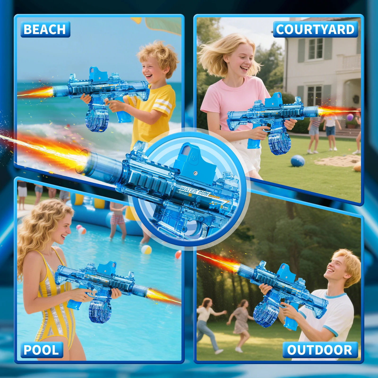 M416 Water Gun with LED lights Sprays Flame Effect Continuously High-pressure High-speed Powerful Outdoor Electric Water Gun Toy