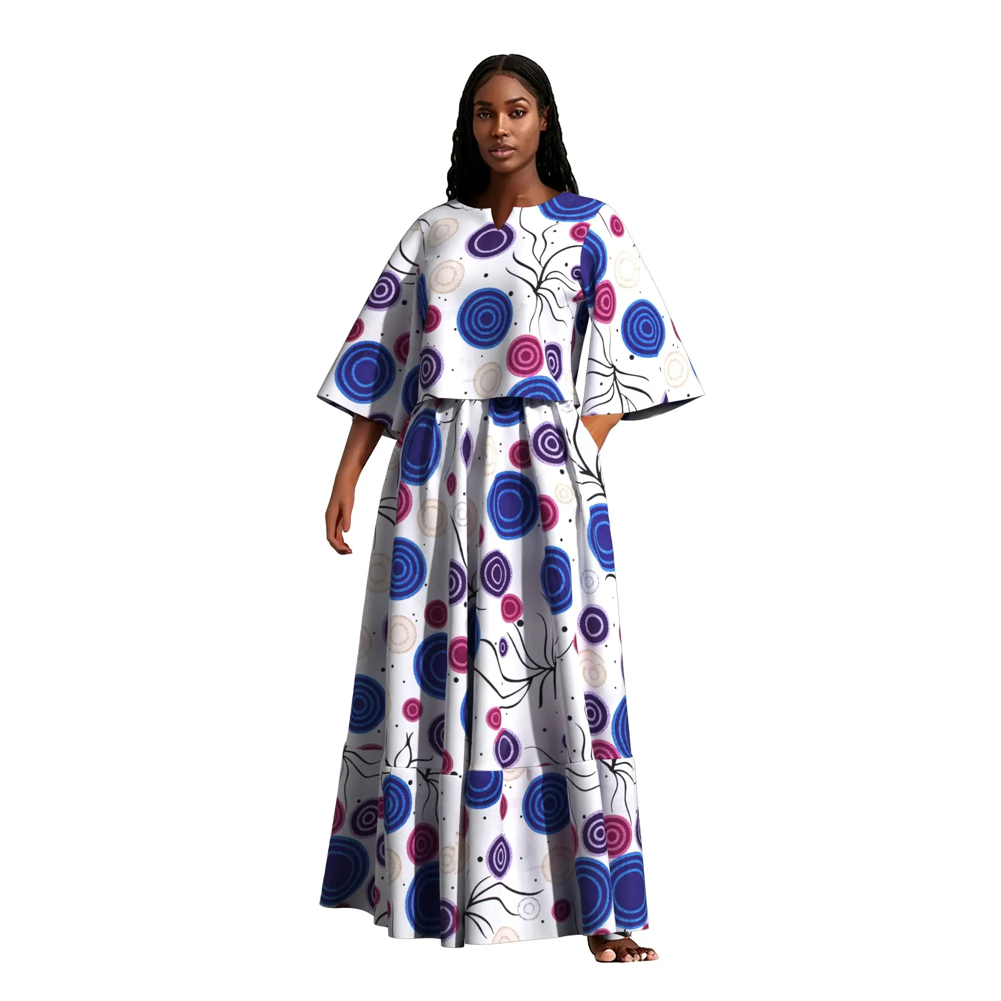 African Ankara Print 2 Piece Set Flare Sleeve Crop Top Wide Leg Maxi Skirt for African American Women  WY10600