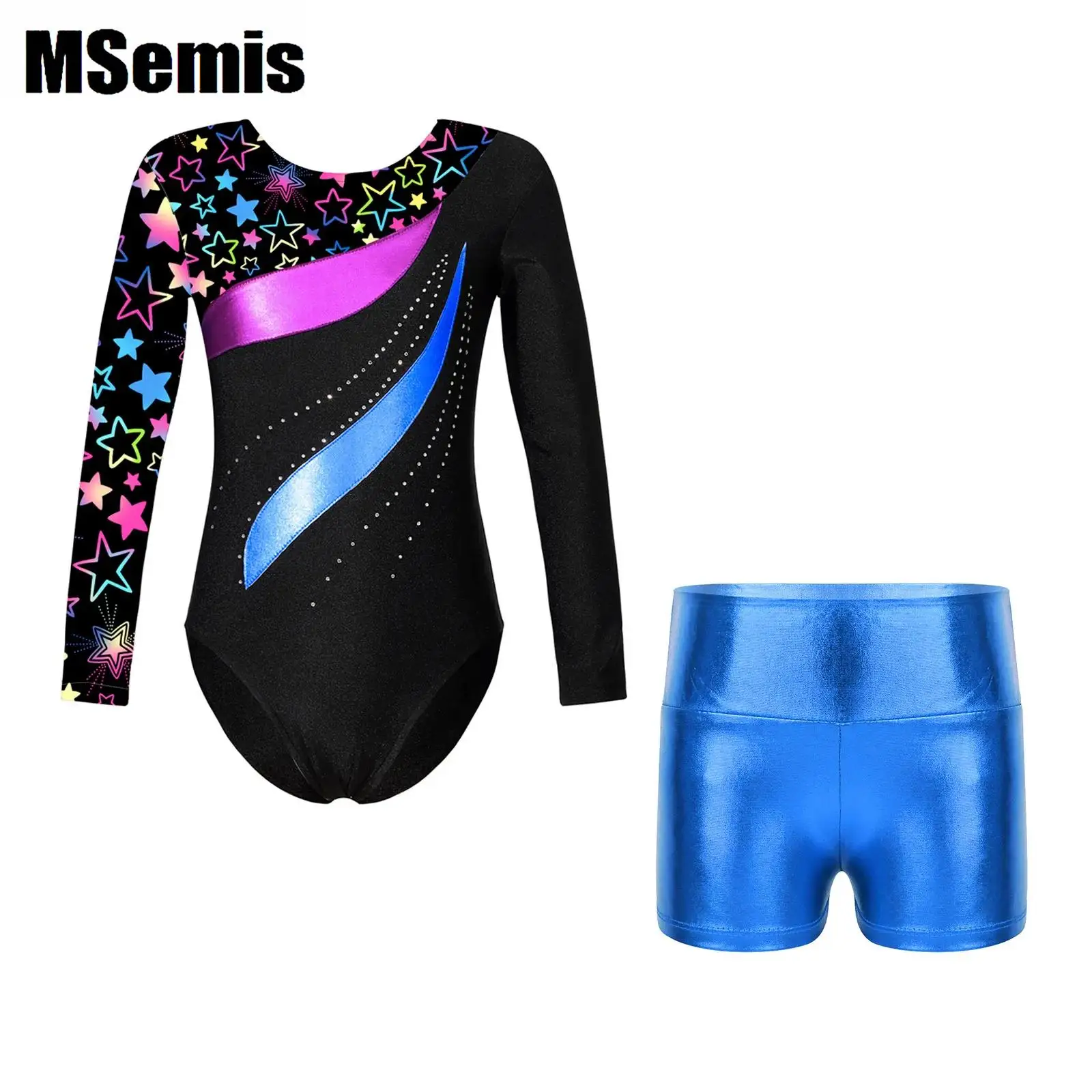 

Kids Metallic Printed Swimsuit Girls Patchwork Leotard with Metallic High Waist Shorts for Gymnastics Performance Competition