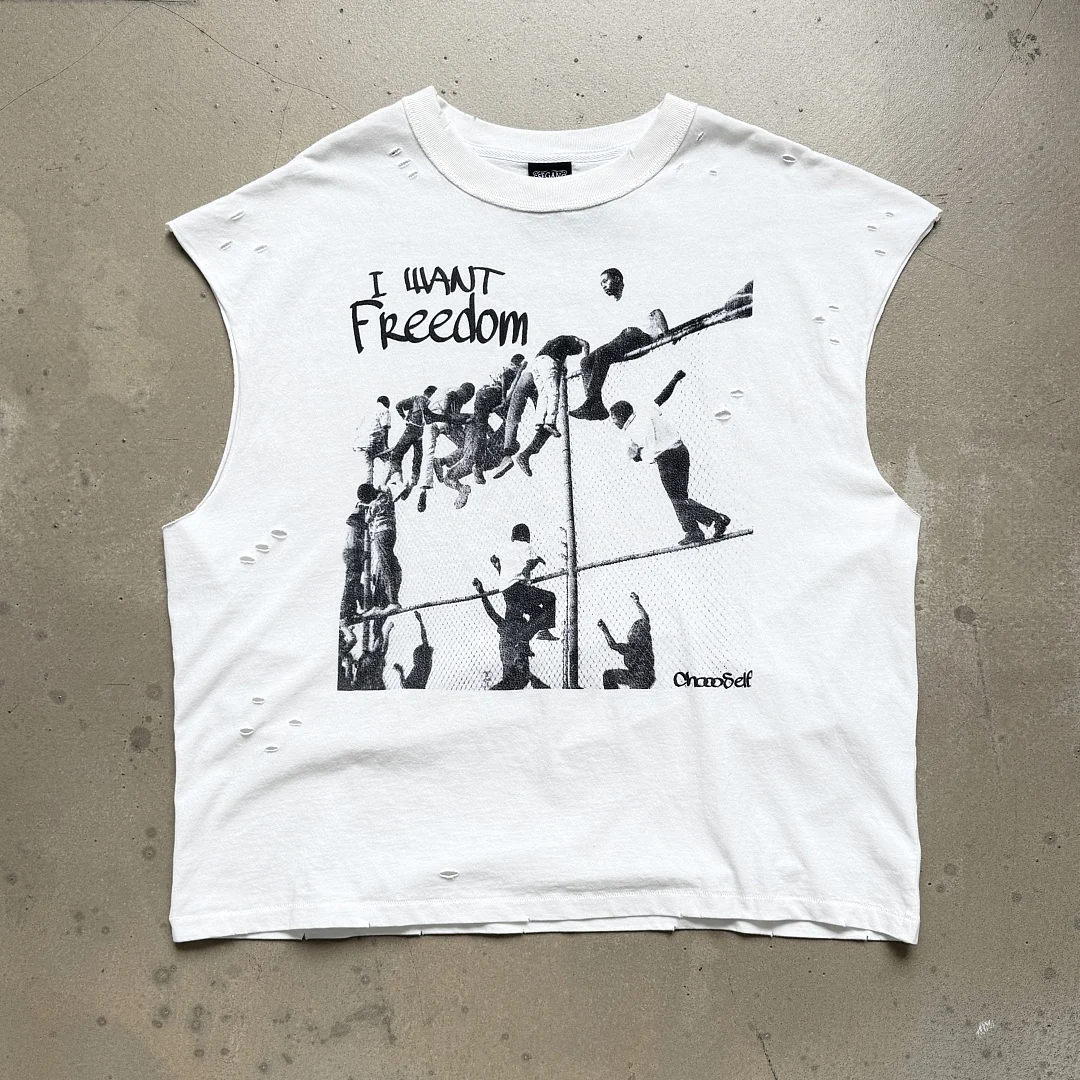 Distressed Hole Sleeveless Vest Men Sinat Vintage I Want Freedom Graphic Tank Top Retro Cut Off Crop Tank Loose Streetwear Tops