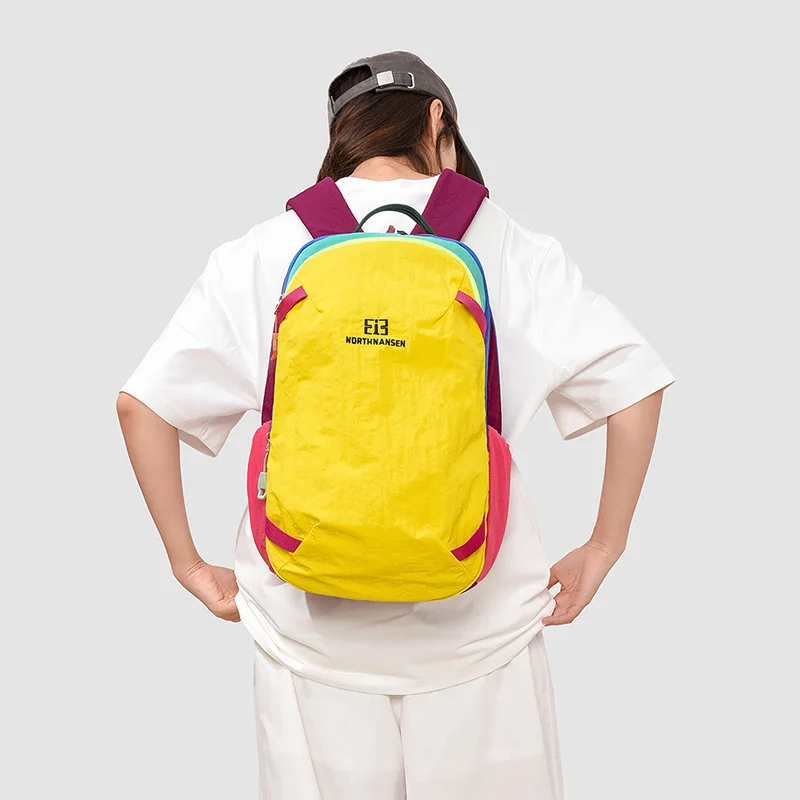 Women Bright Yellow Nylon Backpack Color Block Rucksack with Padded Straps Top Handle Casual Outdoor School Travel Bag