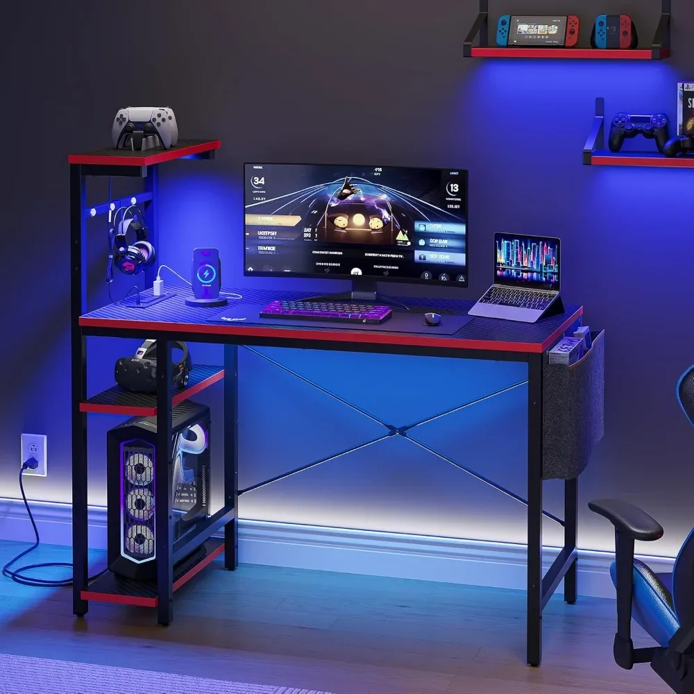 Gaming Desk with Power Outlets, 44 Inch Led Gamer Desk with 4 Tiers Reversible Shelves, PC Gaming Table with Headset Hook