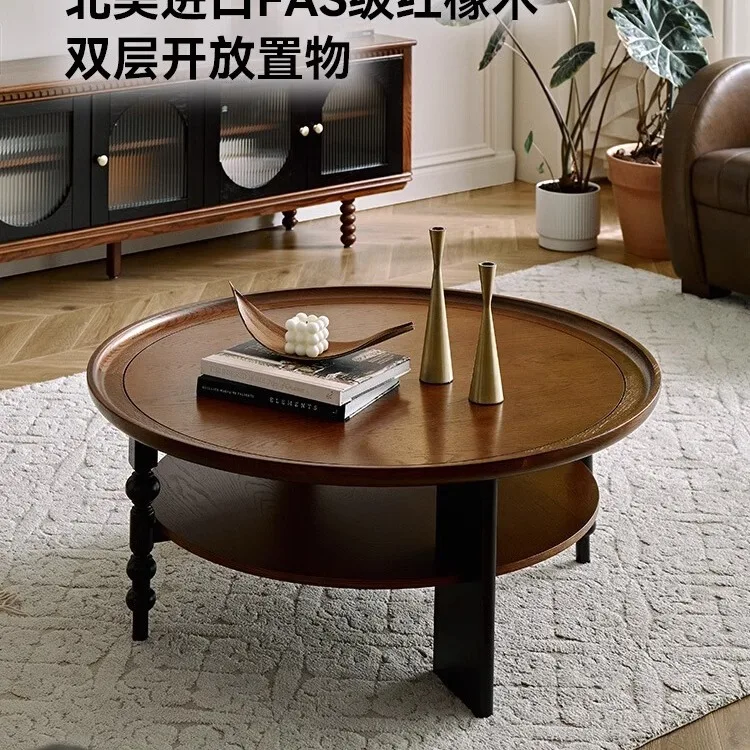 

French retro solid wood round coffee table living room household small apartment small coffee table American tea table small
