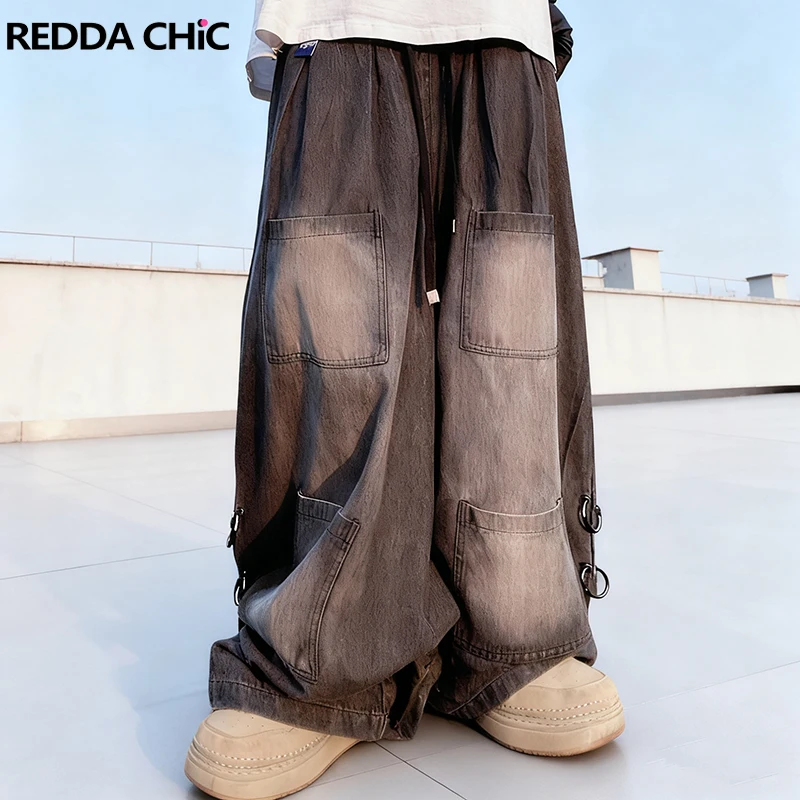 

REDDACHIC Vintage Loops Laced Cargo Pants for Men Multi-pocket Distressed Loose Fit Casual Wide Leg Pants Hip Hop Streetwear
