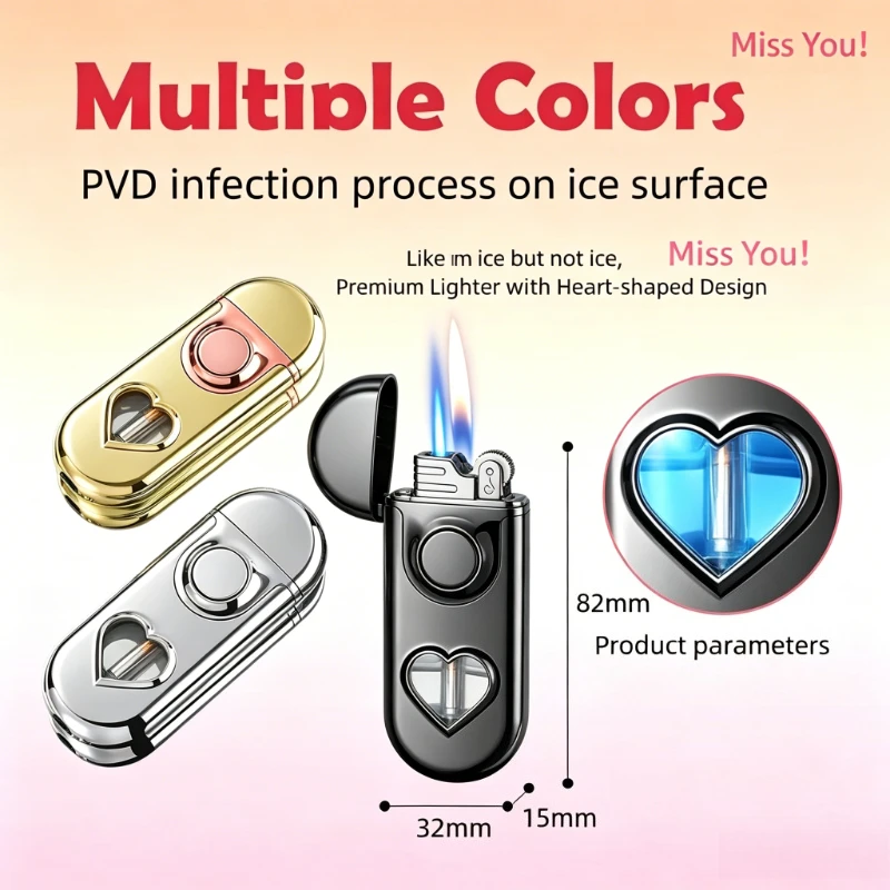 

Heart Shape Double Flame Lighter, Transparent Fuel Window With Blue LED Light, Refillable Butane Grinding Wheel Ignition Tool