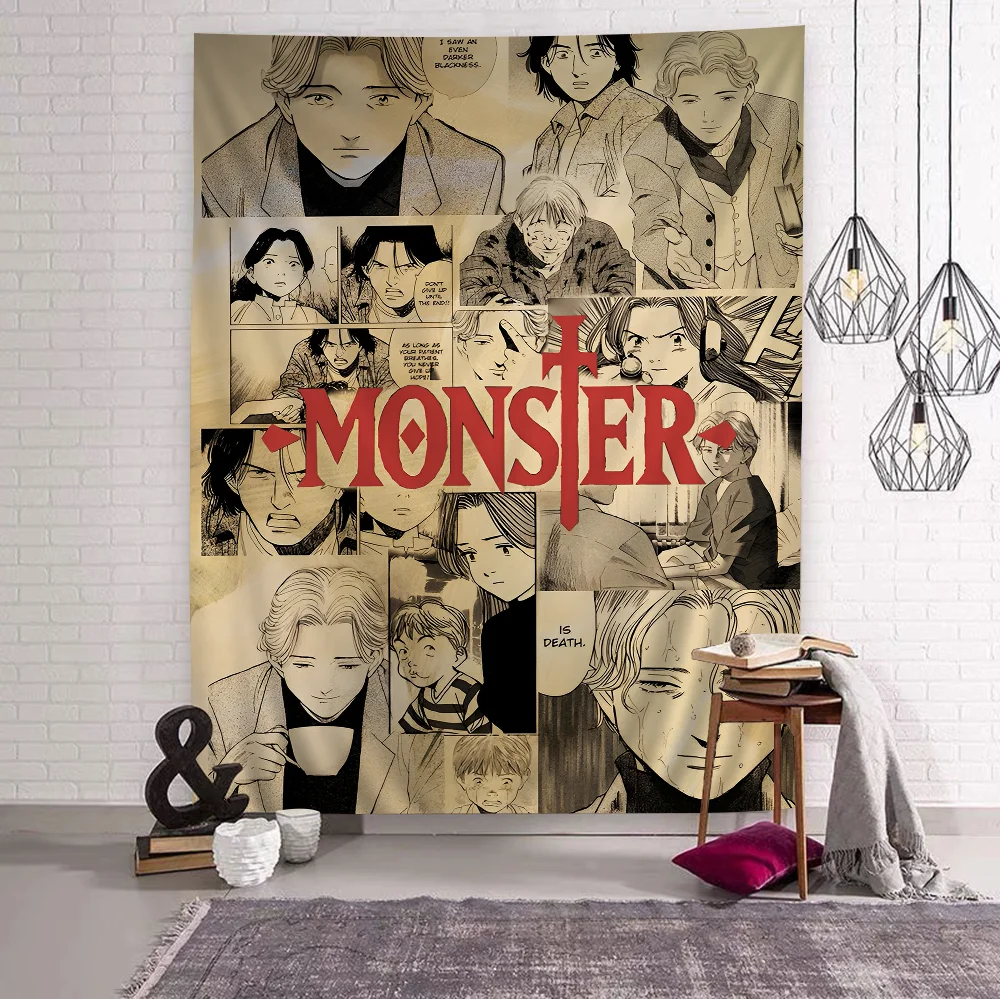Naoki Urasawas Monster-Anime-Kunst bedruckter Wandteppich, Bohemian-Wandbehang, Atmosphäre-Dekoration, Hintergrundstoff für Schlafsaal und Schlafzimmer