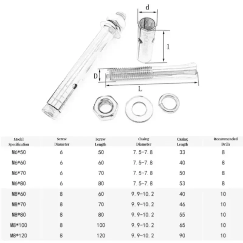Carbon Steel Color Galvanized M6 M8 M10 M12 M14 M16 M18 M20 Hexagonal Head Expansion Screw Expansion Concrete Sleeve Anchor Bolt