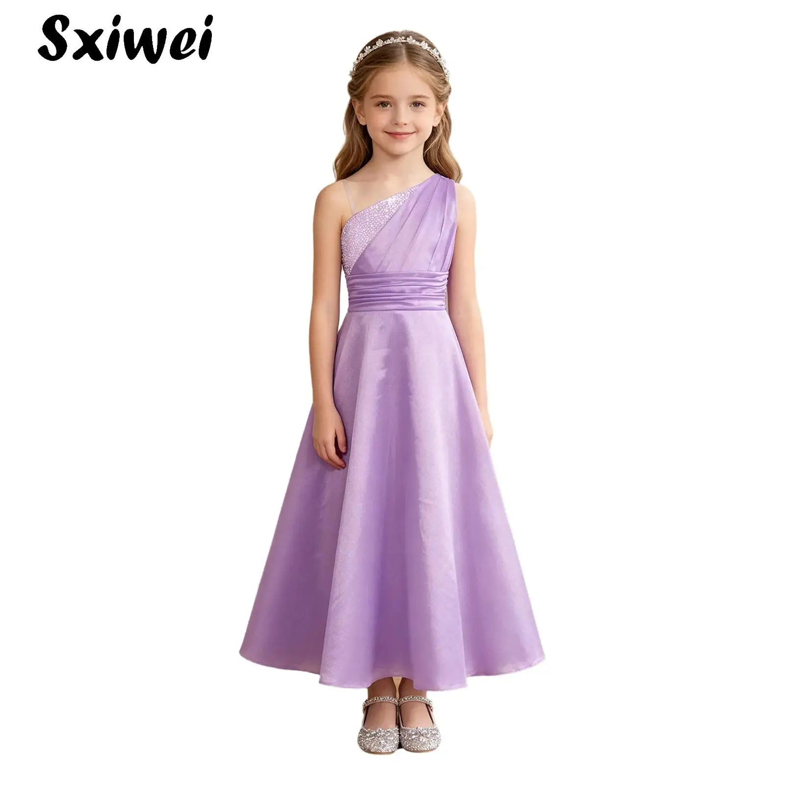 Child One Shoulder Elegant Satin Party Gown Princess Pageant Birthday Wedding Dress Girls Rhinestones Bodice Ruched Maxi Dress