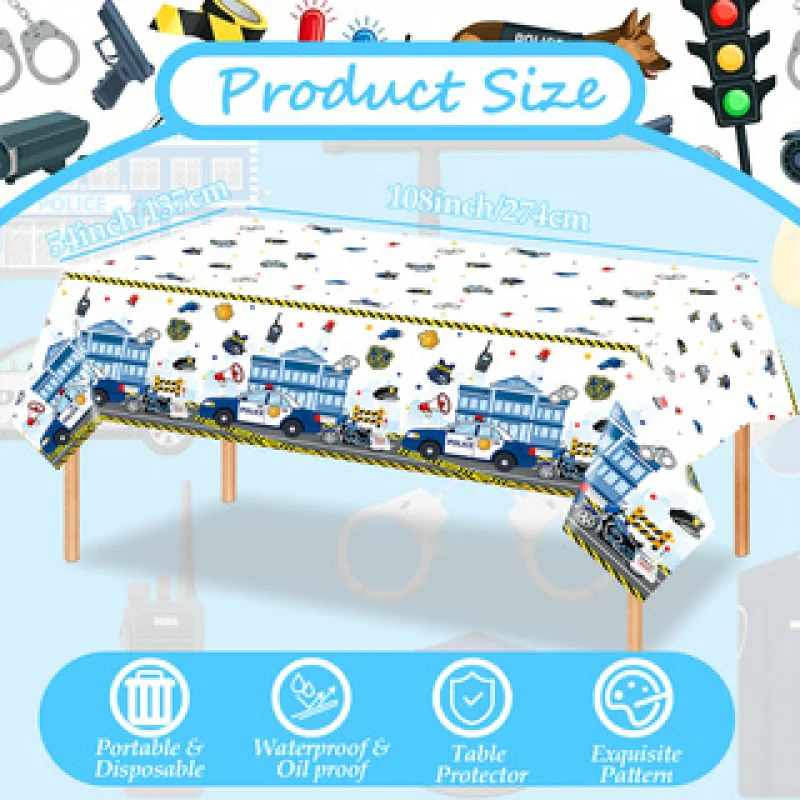 1Police car themed disposable tablecloth 54x108Inch Department Badge Waterproof Plastic Tablecloth Suitable