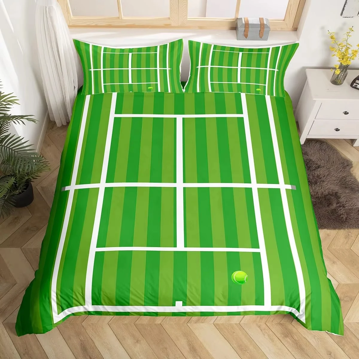 Tennis Court Duvet Cover Twin Queen,Tennis Competition Sports Game Grassland Comforter Cover Geometric White Stripes Bedding Set