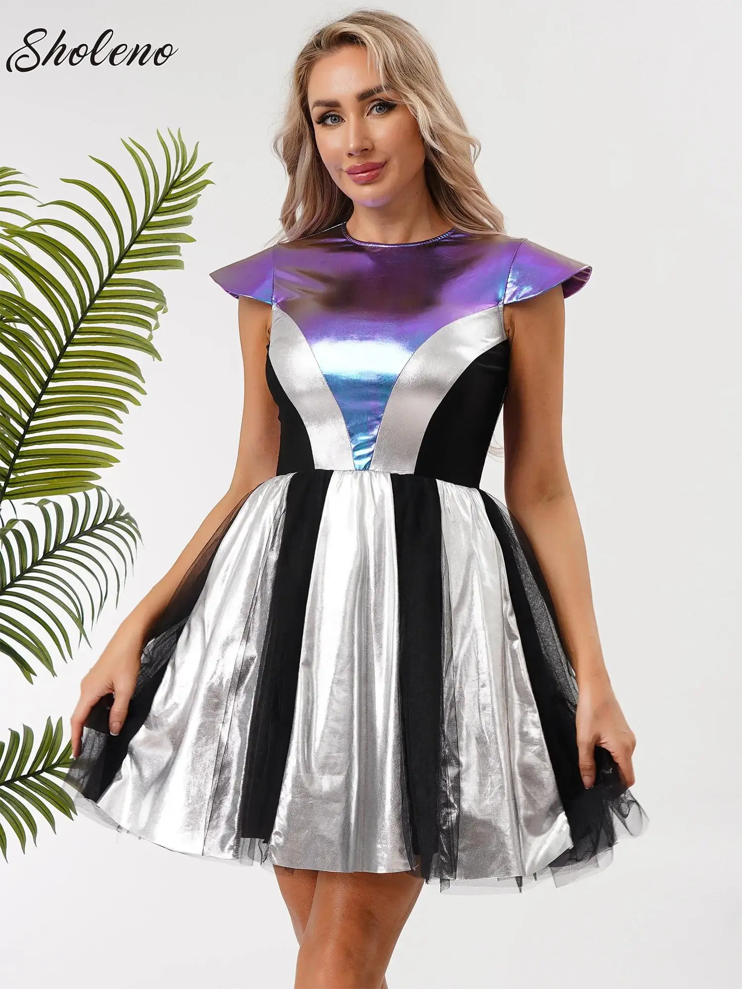 

Women Metallic Future World Party Costume Space Alien Cosplay Dress Color Block Dress Nightclub Disco Halloween Carnival Clothes