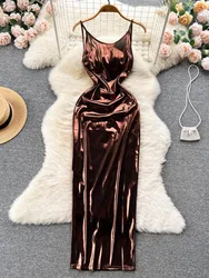Foamlina Women Sexy Backless Party Long Dress New Summer Fashion Spaghetti Strap Sleeveless Slim Satin Bodycon Club Maxi Dress