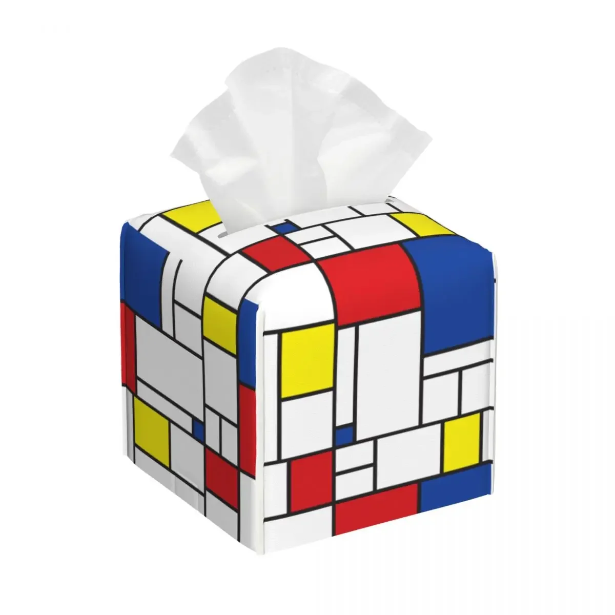 

Custom Mondrian Minimalist Modern Art Tissue Box Cover PU Leather Square Color Art Plaid Facial Tissues Holder for Office