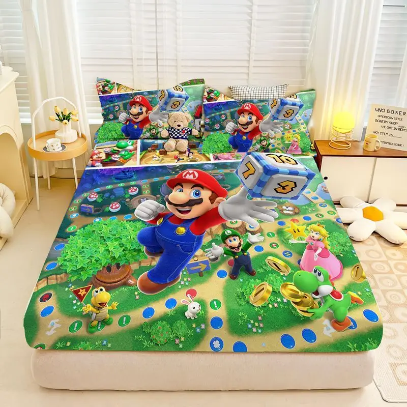 Super-Mario Fitted Sheet With Pillowcase,Anime Cosplay Bed Cover Protector Nonslip Mattress Cover Soft Comfortable Bedding