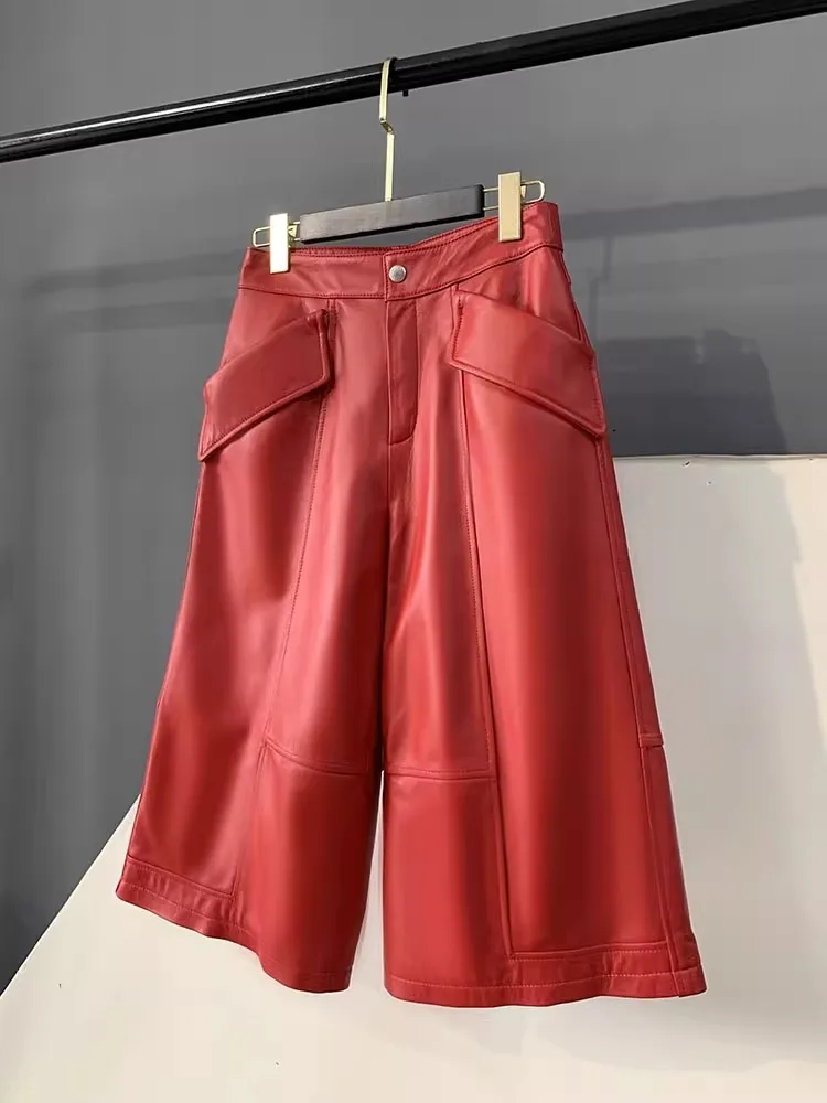 Women Genuine Leather Pants High Waist Loose Fit Mid Calf Trousers Solid Color Spring Autumn Harajuku Sheepskin Wide Leg Pants