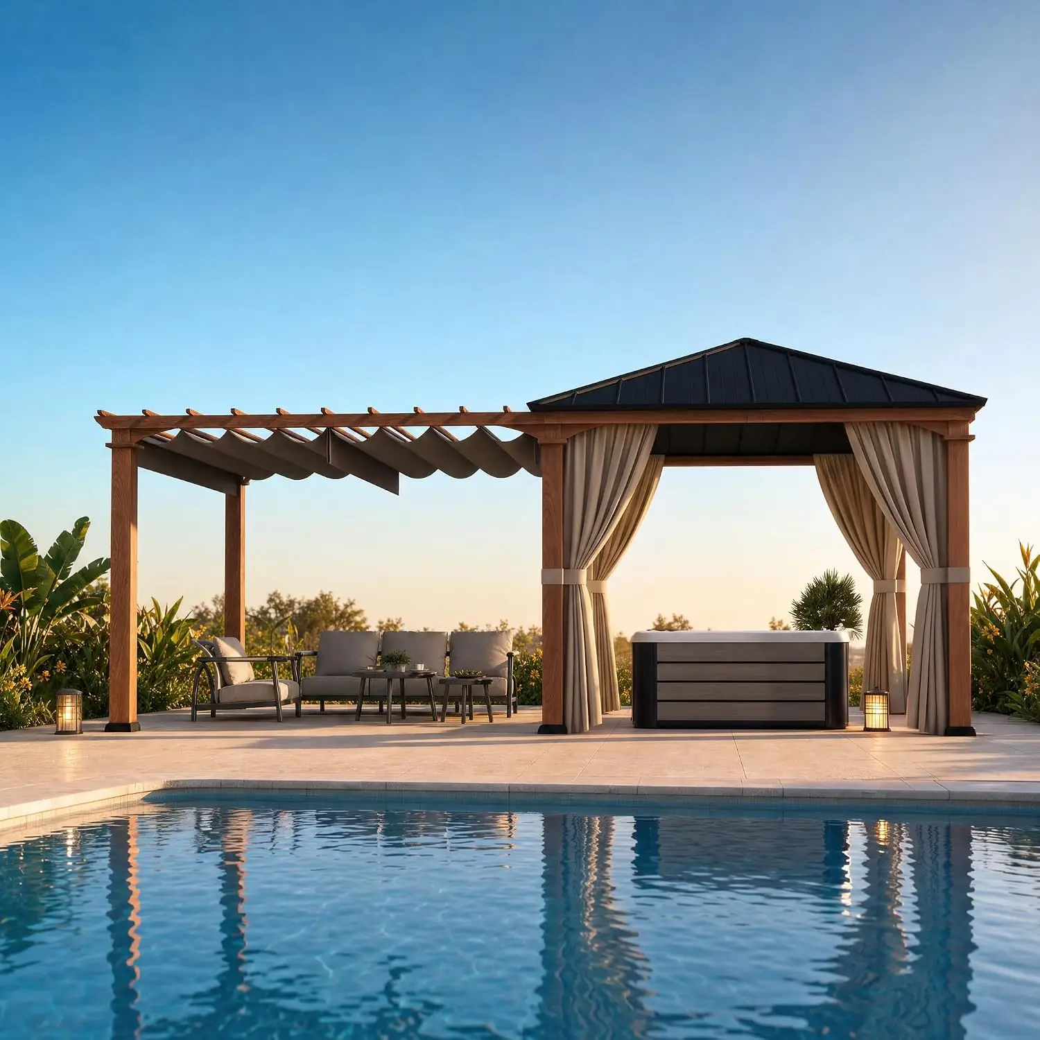 Modern Shade Outdoor Pergola 10x20 with Adjustable Textilene Shade, Customized