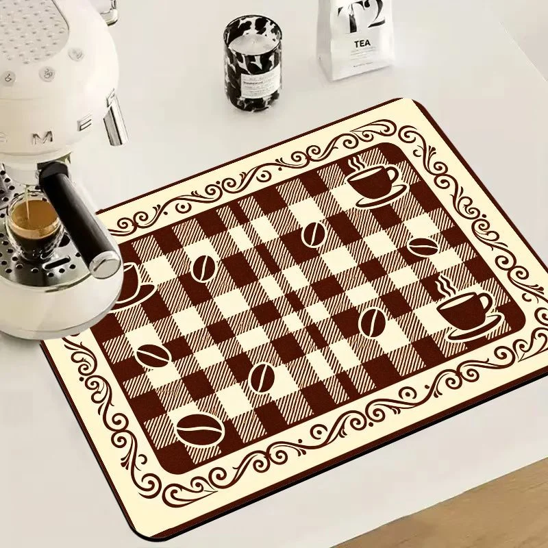 VIKAMA Retro Check Coffee Mat Absorbent Quick Dry Non Slip Kitchen Counter Pad Lace Border Drying Mat For Espresso Machine Sink