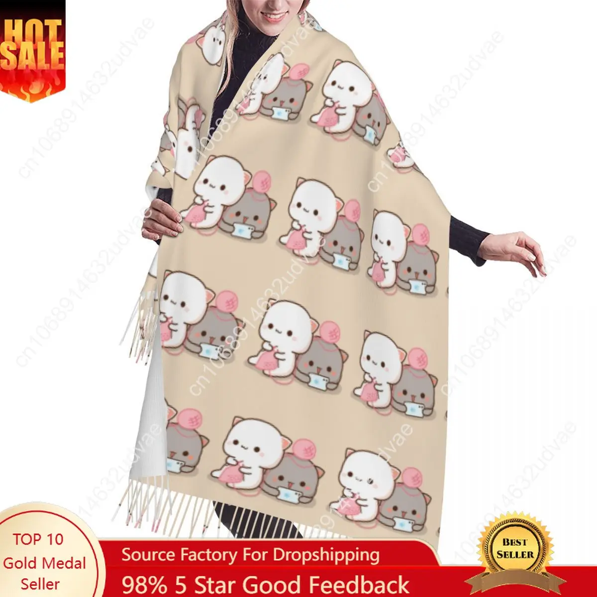 Custom Print Cartoon Couple Peach And Goma Mochi Cat Scarf Women Men Winter Fall Warm Scarves Fashion Versatile Shawls Wraps
