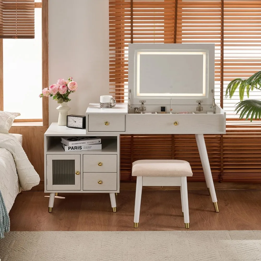 مكتب زينة بمرآة قابلة للطي مع خزانة قابلة للتعديل، وطاولة تزيين المكياج ومقعد، ومقبض ذهبي، وتصميم علوي للساق