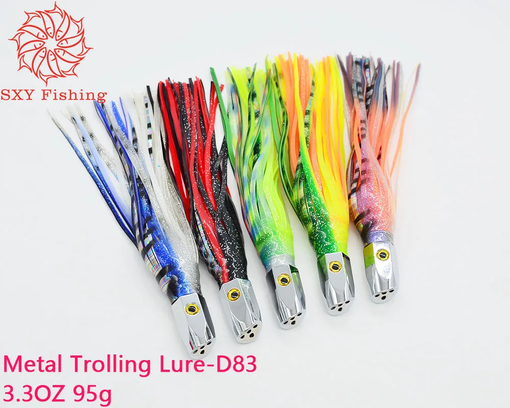 SXY FISHING D83 Metal Trolling Lure Copper head bait Metal Jet head Octopus skirt bait 8inch 95g 3.3OZ Tuna Wahoo MARLIN lure