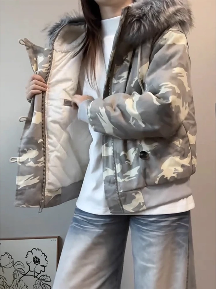 

American Retro Camouflage MA Parka Coat Men Winter Hooded Fur Collar Mountain Eagle Workwear Jaet Thiened Cotton Clothes