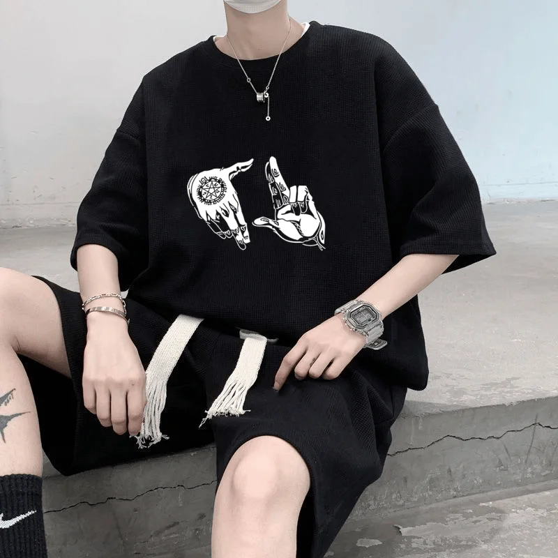 

American Style Hip Hop Gesture Print Shorts Sleeve Men's Summer Loose Trendy Large Size Clothing Set Casual Sportswear