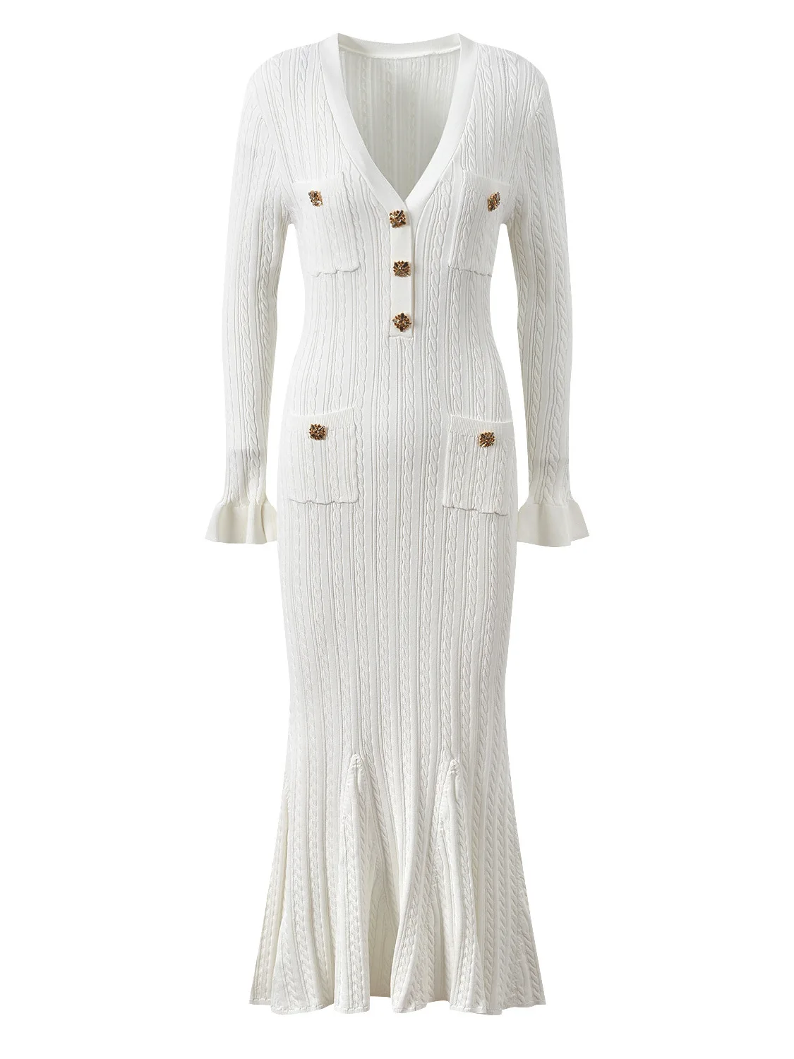 

Ele Knitted Long Dr Spring 2026 Bell Sve V-Ne Fi Tail Gown for Ladies Stretchy Knit Material Formal Wear